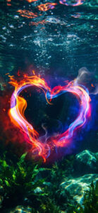 逆境でも恋が叶う水の中で燃えるハートの待ち受け背景画像