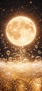 黄金の満月と湧き上がる光の泡の待ち受け画像（金運・収入アップ・成功）