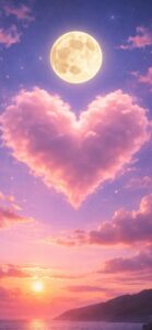 巨大なハートの雲と黄金の満月待ち受け画像（両想い・復縁・奇跡の愛）
