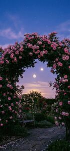 ピンクの薔薇のアーチと満月の待ち受け画像（恋愛成就・魅力開花・愛の扉）